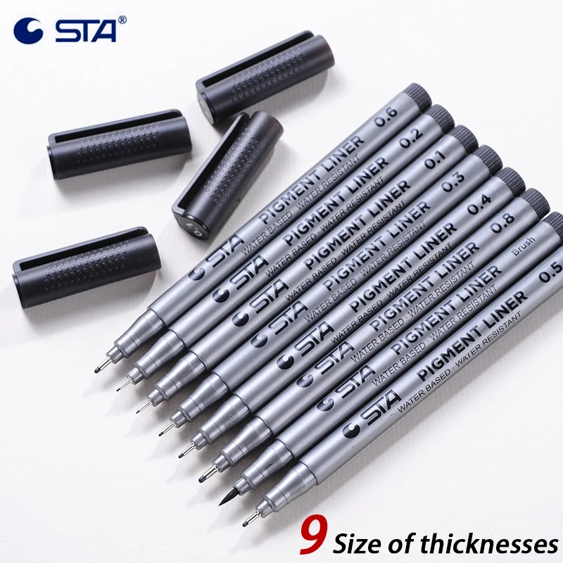 Canetas Marcadoras Artísticas à Prova d'Água STA, Caneta Pincel Pigmentada para Escritório, Estudantes, Escola, Pintura, Desenho de Linhas, Canetas Finas Pretas para Esboço, Materiais de Arte
