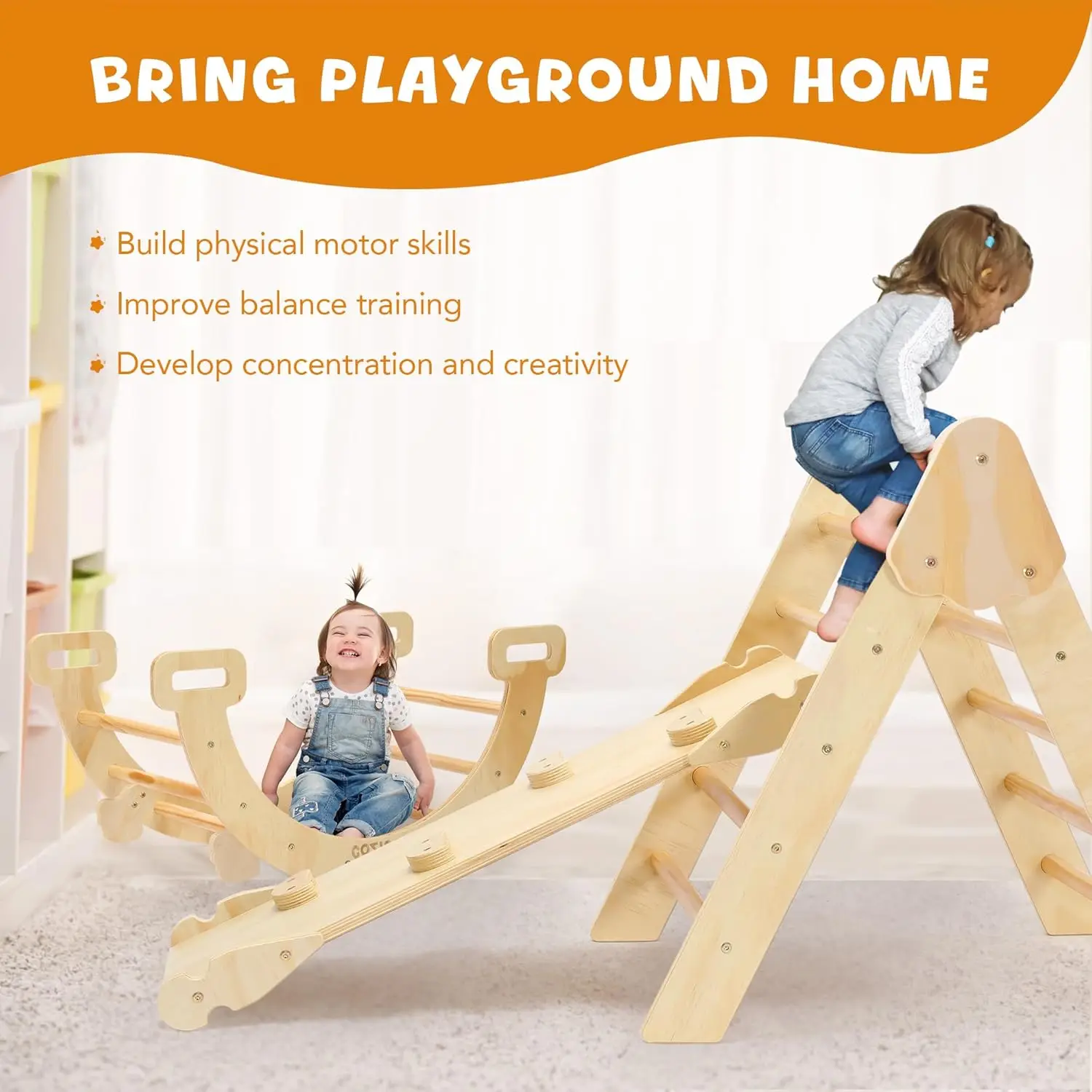 Pikler Triangle Set,Wooden Montessori Climbing Toys Baby Indoor Playground Gym, Foldable Indoor Climbing Toys with Ramp,