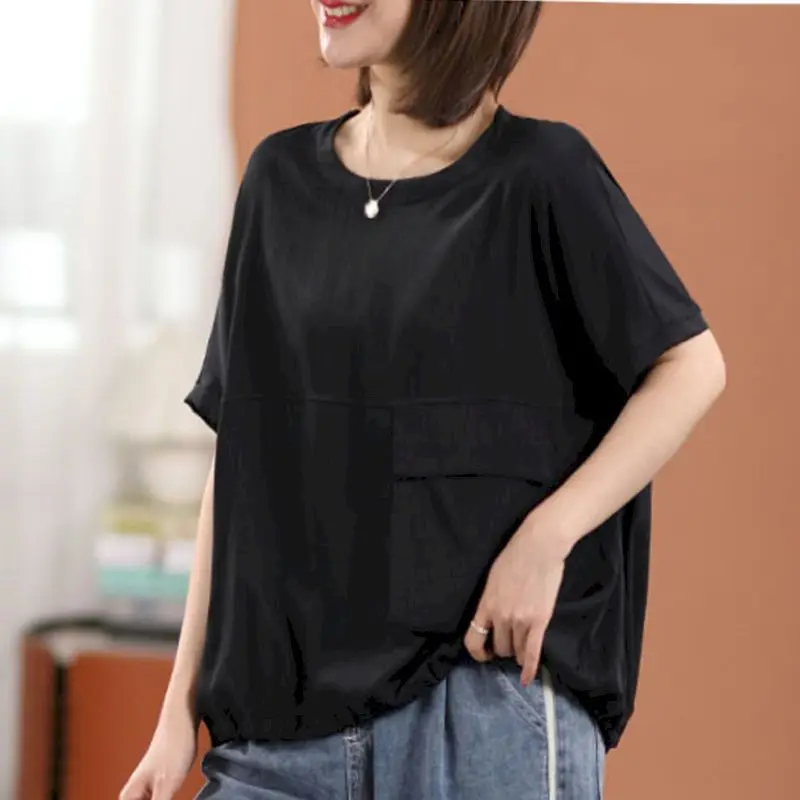 Korean Style T Shirts Women Fashion Pocket Design Drawstring Pleats T-shirt Casual Loose Short Sleeve Tops Summer Trend Tshirt