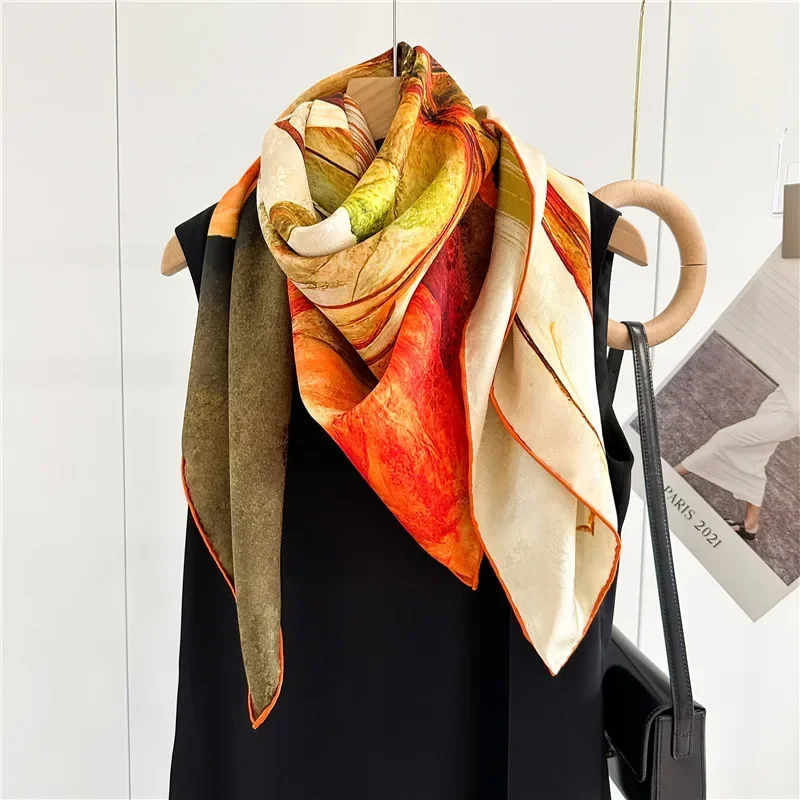 2026 Luxury Floral Scarf 110cm Square Real Silk 100% Mulberry Silk Large Shawl Wrap Scarves Echarpes Bufanda Bandana Pashmina