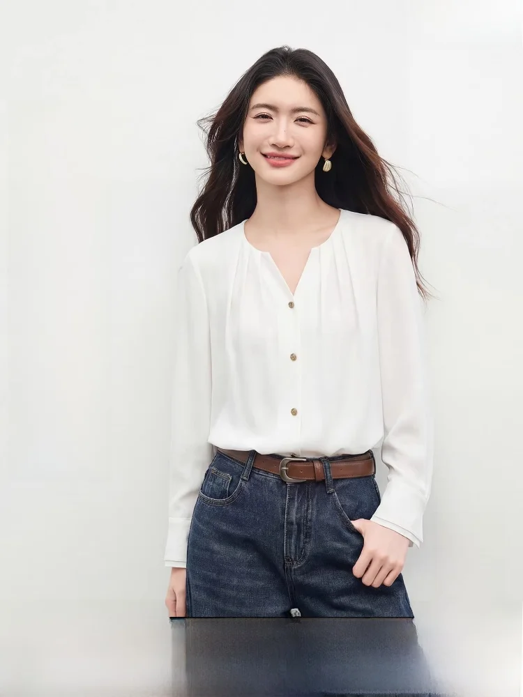 

Women's V-Ne Drapey irt Spring 2026 New Sle Double Layer Sve round Ne Commute Sle Simple Design Polyester Fiber