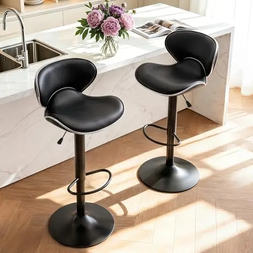 PU Leather Adjustable Bar Stools, Modern Swivel Airlift Barstools with Back, Armless Counter Height Chairs for Kitchen