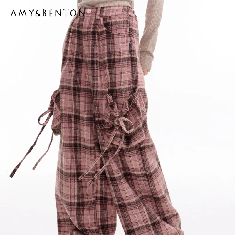 

Autumn Winter American High Waist Slimming Straight Women's Wide Leg Pants Retro Large Pocket Pink Plaid Casual Trousers Ladies