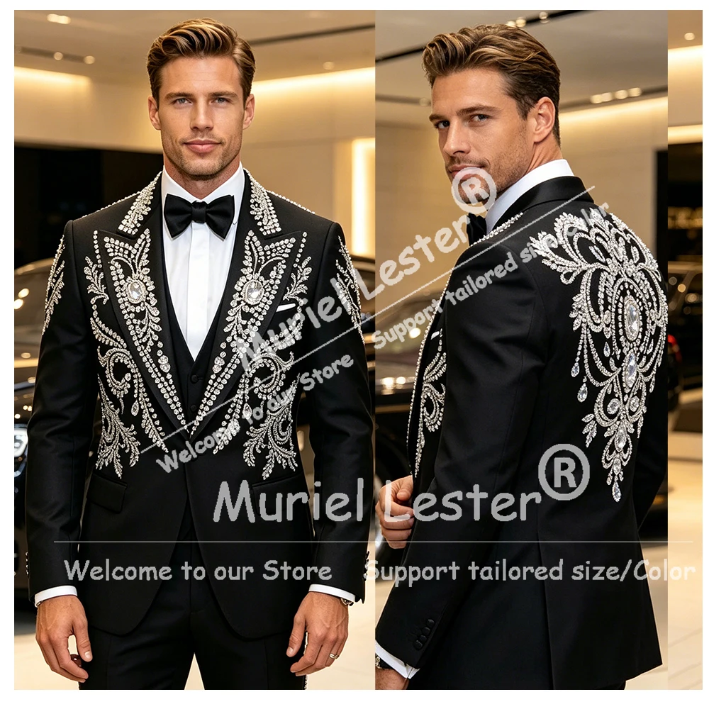 Exclusive Suit Men Formal Wear Rhinestone Diamond Groom Prom Blazer Customized 3 Piece Sets Banquet Tuxedos Attire Man Outfits