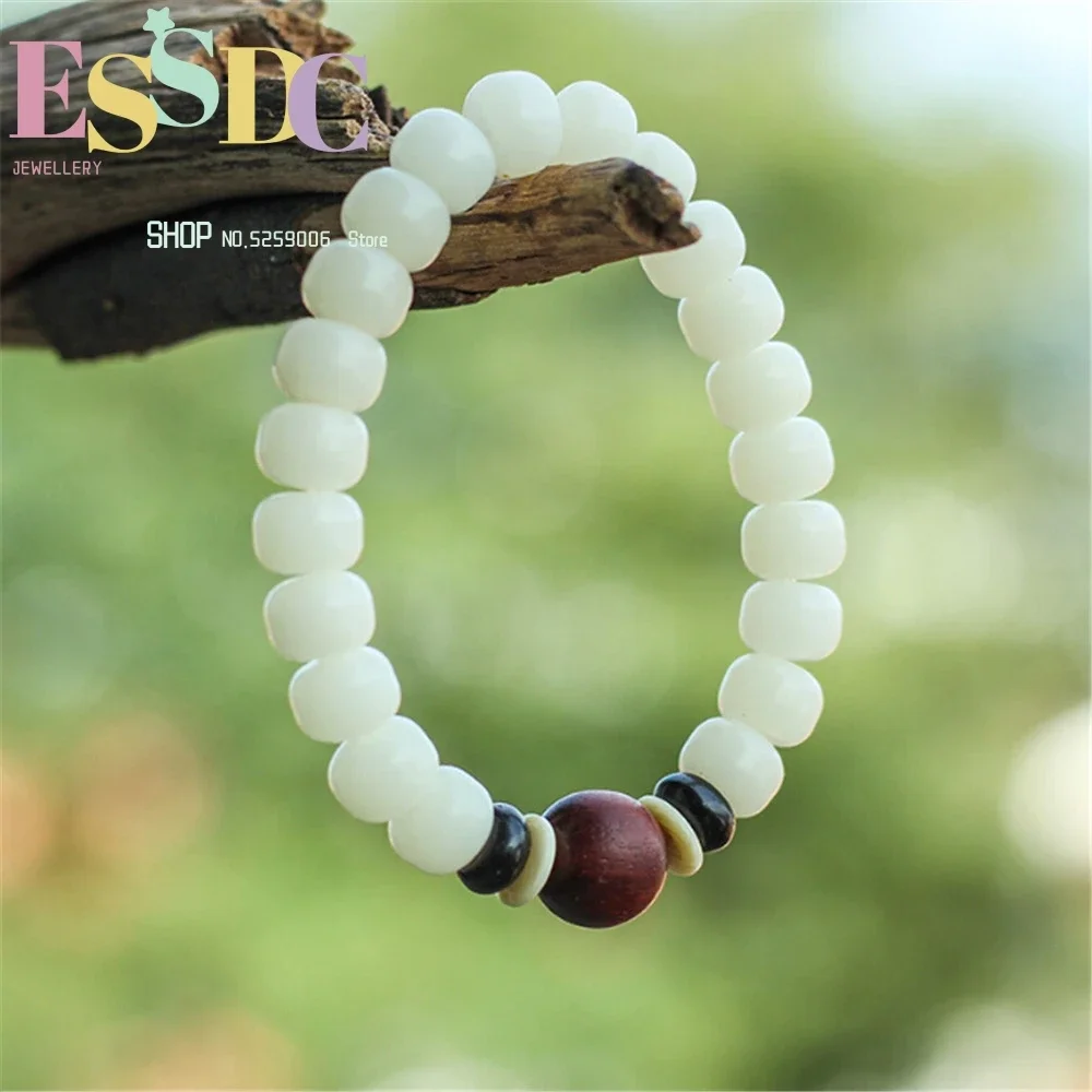 Pulsera de Cuentas de Raíz de Bodhi Blanca Natural para Mujer, Diseño Étnico Original, Joyería Hecha a Mano de Estilo Vintage, Regalo