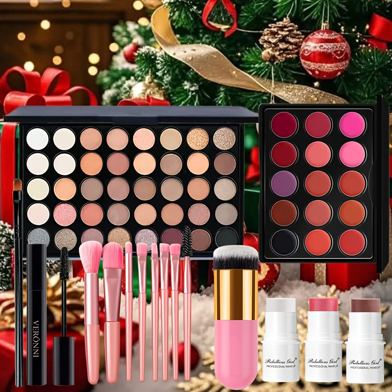 9Pcs All In One Makeup Kit 40 Colors Eyeshadow 15 Shade Lip Palette Blush Stick Mascara Makeup Brushes Lip Brush Full Face Cosme