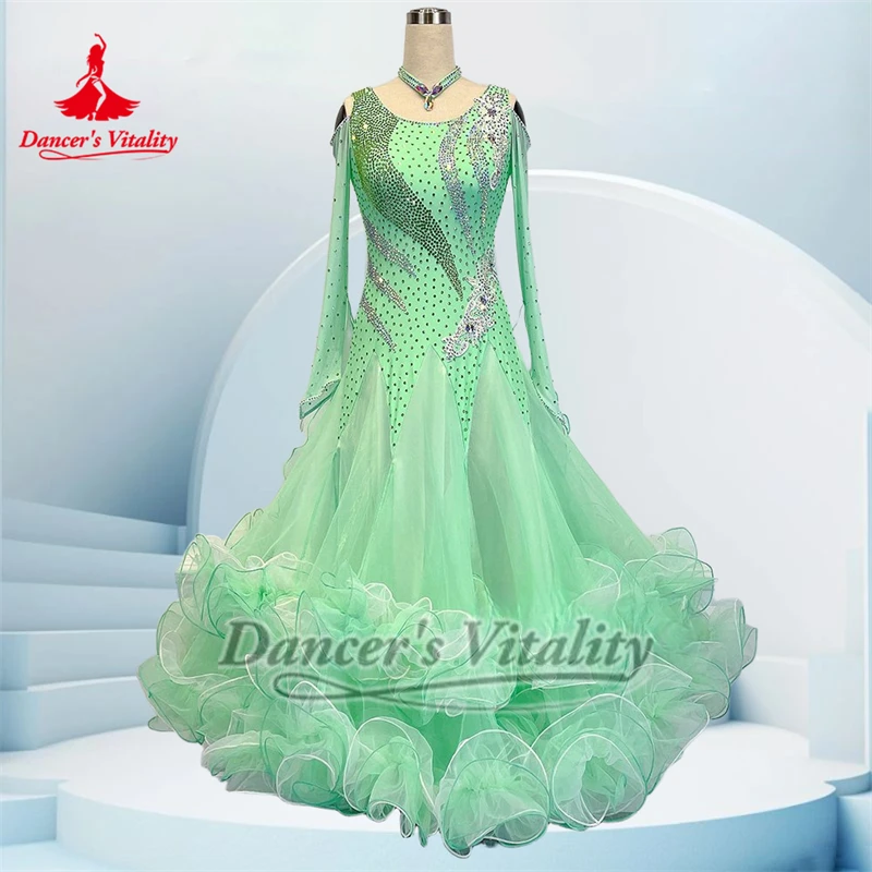 Adult Mint Green Social Dance Long Sleeves Dresses with Necklace Advanced Custom Waltz Orange Contest Clothing Dancer's Vitality