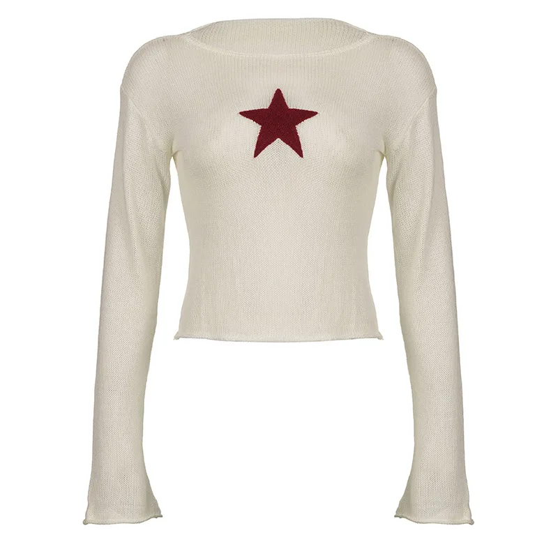 Winter New Fashion Women's Short Sleeveless T-shirt Long Sleeve Sweater Bell Sleeve Striped Color Contrast Five-pointed Star ... view 4