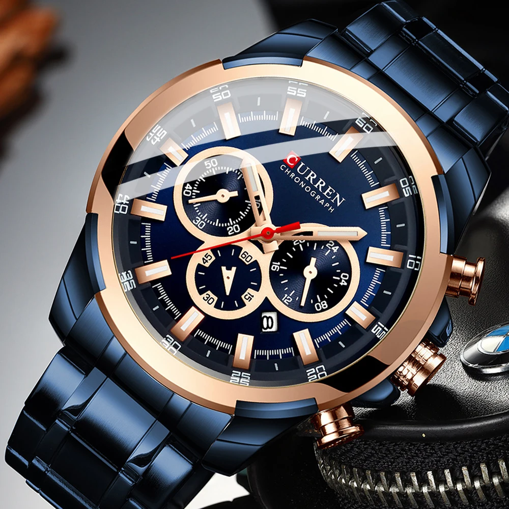 CURREN Luxury Sport Watches for Male Casual Quartz Chronograph Wristwatch Classic Luminous Hands Clock with Stainless Steel Band