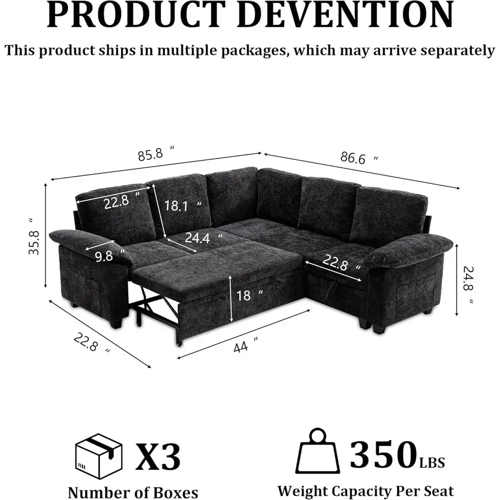 86 Inch Sectional Sleeper L Shaped Soa with Pull Out Bed, ular Sectional Soa with Storage, ern Chenille Cloud Couch, Sectional C