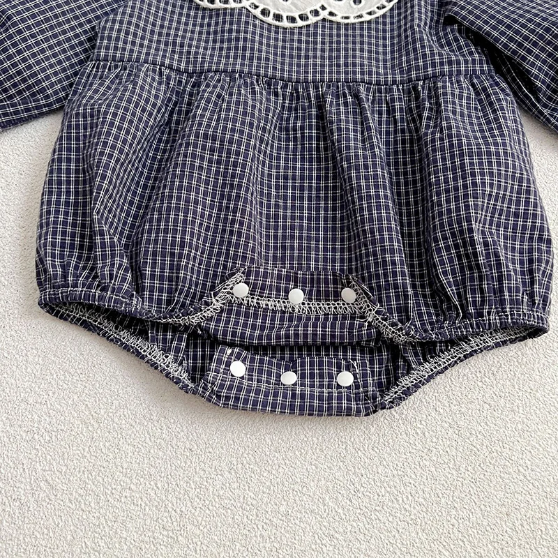 Infant Baby Girls Rompers Newborn Kids Baby Girls Long Sleeve Lace Collar Grid Princess Rompers Baby Girls Rompers Clothes