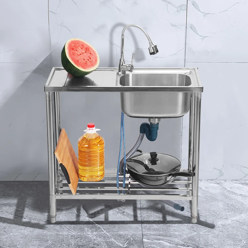 Stainless steel sink, kitchen sink with bracket, dishwashing sink, household sink Hot and Cold Faucets