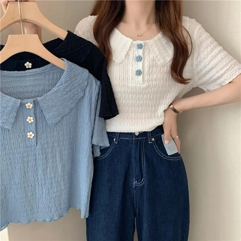 

Sweet Flower Shaped Short Sleeved T Shirt Women 2024 New Summer Design O-neck Clothes Korean Fashion Slim Classic All Match Tops