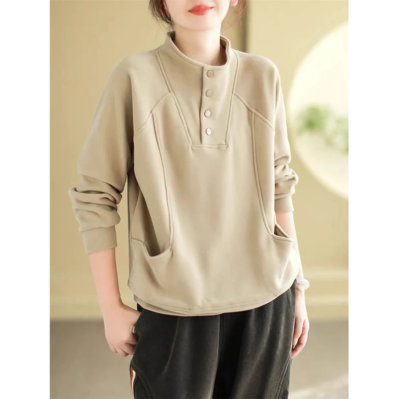 Korean Long Sleeves Femme Hoodies Autumn Large Size 5XL Women Sweatshirt Design Half High Collar Pocket Lady Sports Shirt