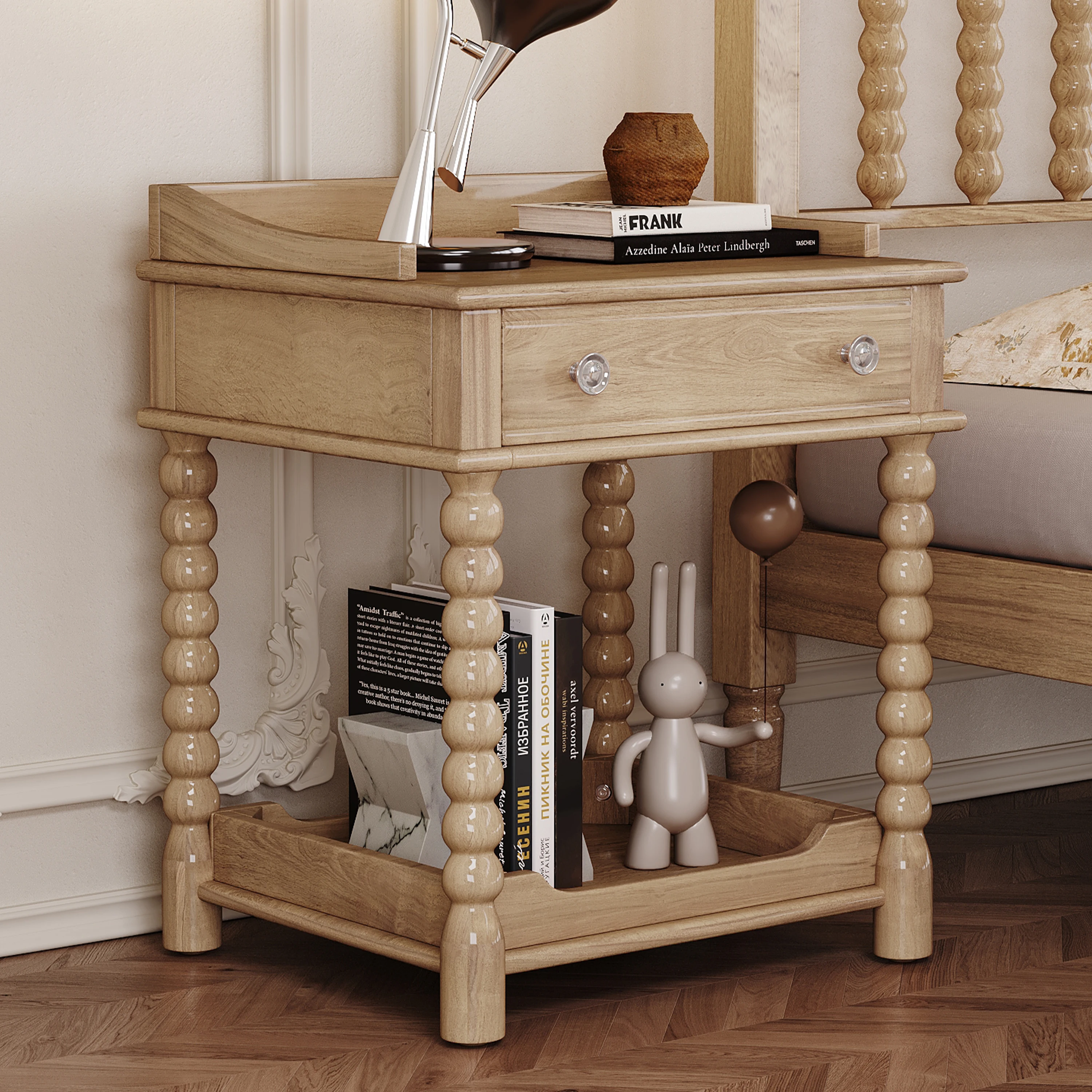 Modern Bedside Cabinet With Open Shelf Storage Turned Legs Metal Handle Natural Wood Top MDF Bedroom Furniture