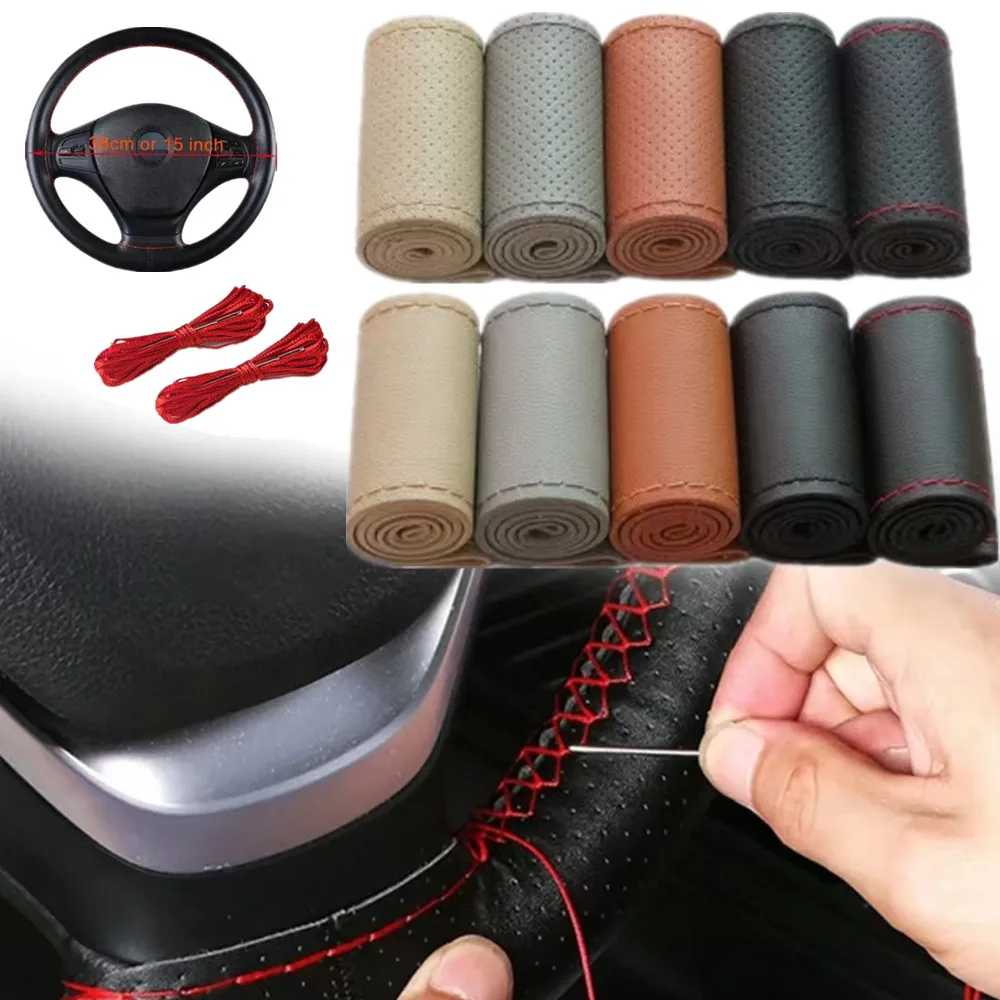 

DIY Leather Car Steering Wheel Cover Needle Thread Anti-slip 38cm Braiding cover 15" for Steer Wheel Protector Car Universal