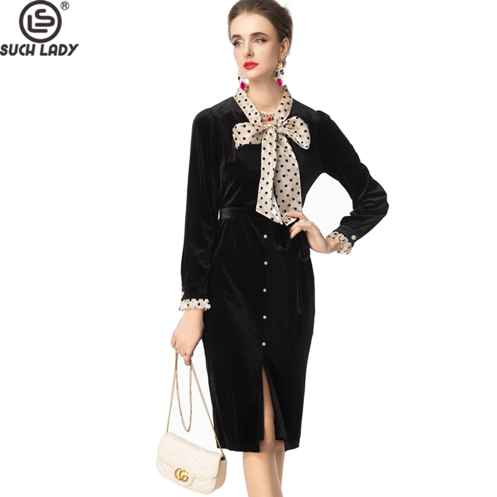 

Women's Black Velvet Long Sleeve Midi Dress with Polka Dot Bow Tie Collar, Cuff Details & Self Belt - Elegant Vintage Style Gown