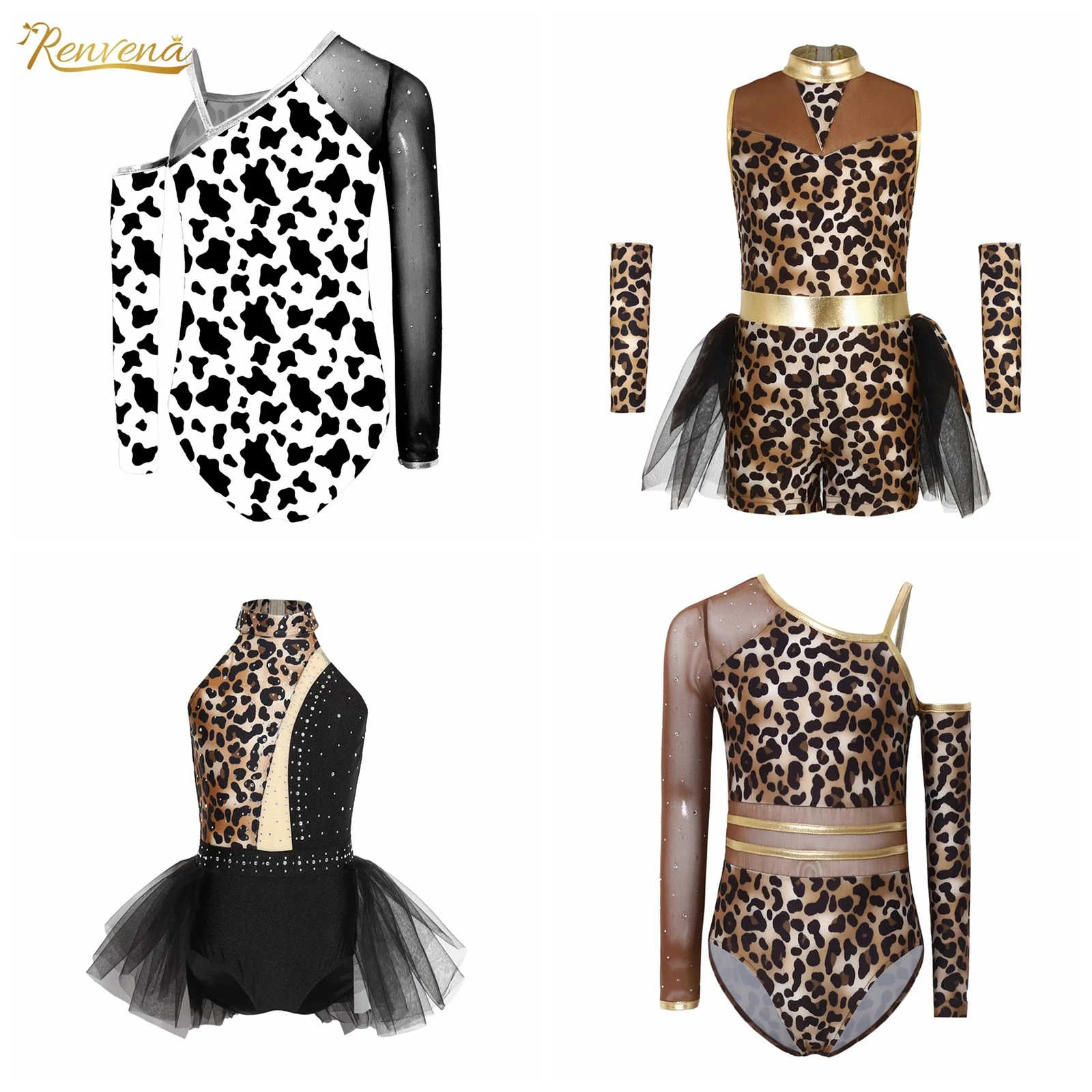 Girls Halloween Tribe Cavegirl Costume Ballet Dance Leotard Mesh Patchwork Leopard Printed Jumpsuit Primitive Caveman Bodysuit