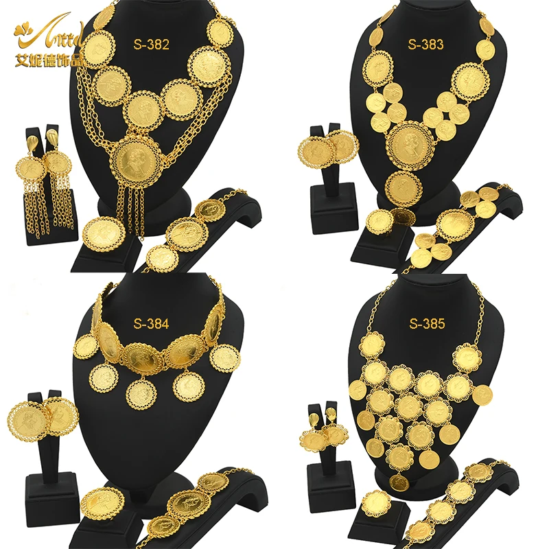 ANIID Indian Gold Color Coin Tassel Pendant Necklace Jewelry Sets Dubai Party Bridal Wedding Fashion Choker Bracelets Set Gifts