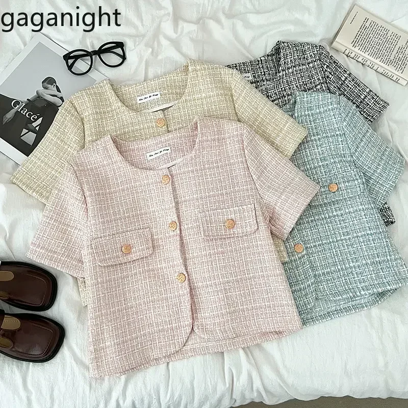 Gaganight Women Tweed O Neck Single Breasted Short Coat Cardigan Top Summer New Korean Chic Fashion Versatile Shirt Female