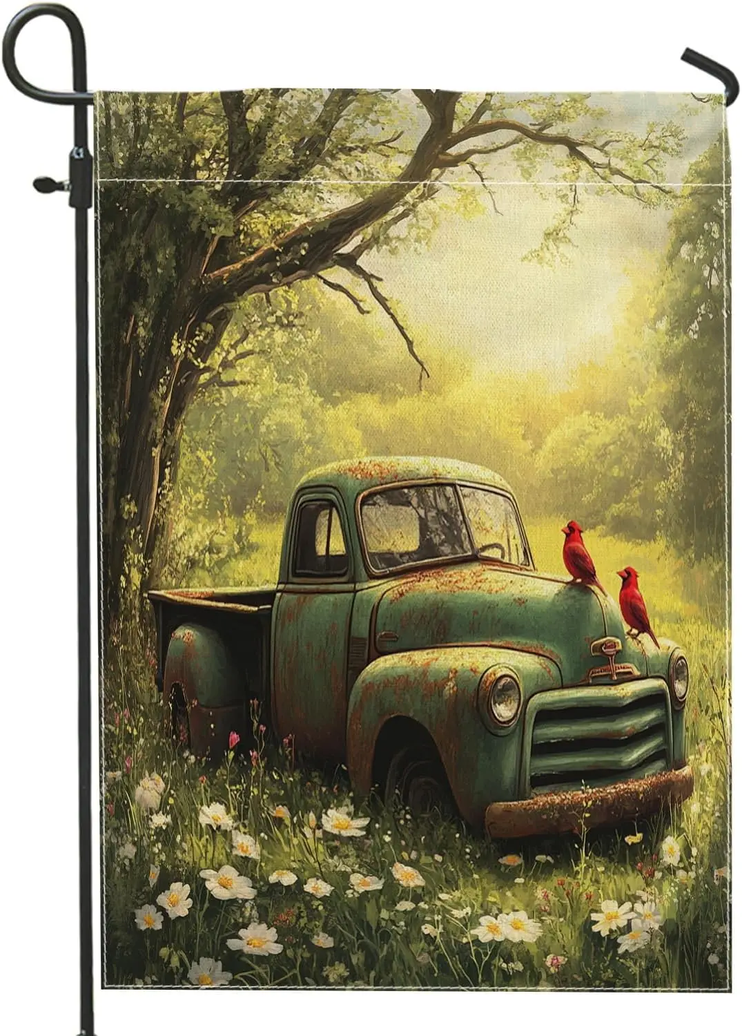 Spring Old Truck Garden Flags 12x18 Inch Double Sided for Outside, Vintage Floral Field Birds Pattern Standard Canvas House  ZZM