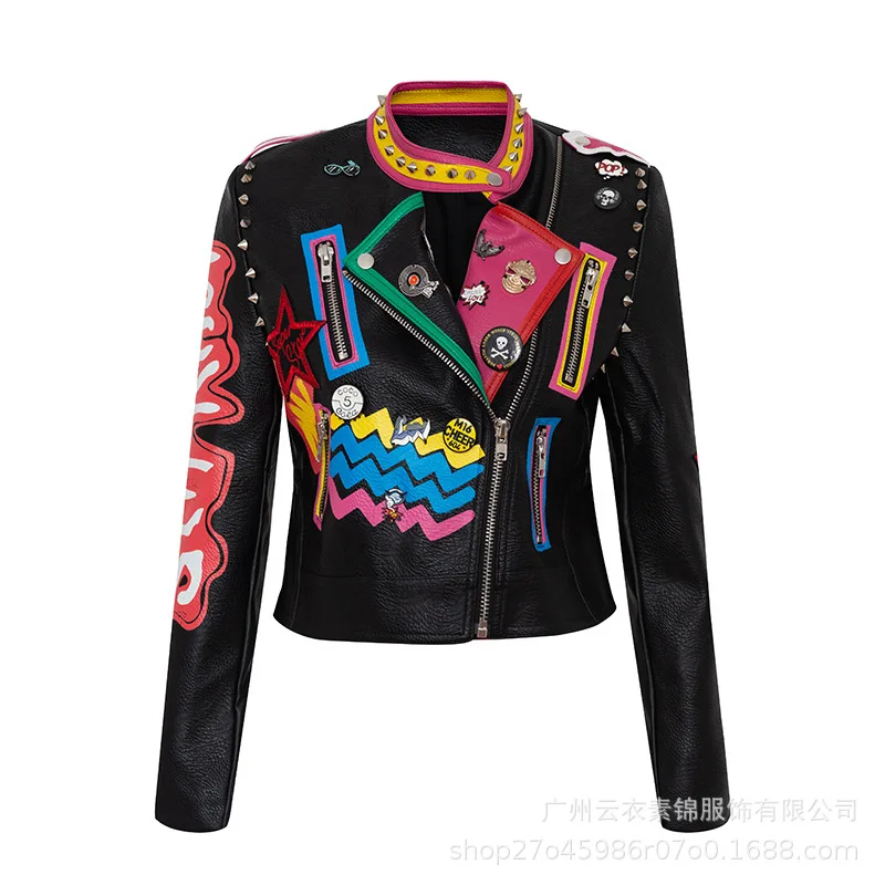 2019 printemps automne nouvelle veste en cuir pour femmes mode lettre imprimé motif manteaux en cuir Graffiti Style fou 1396