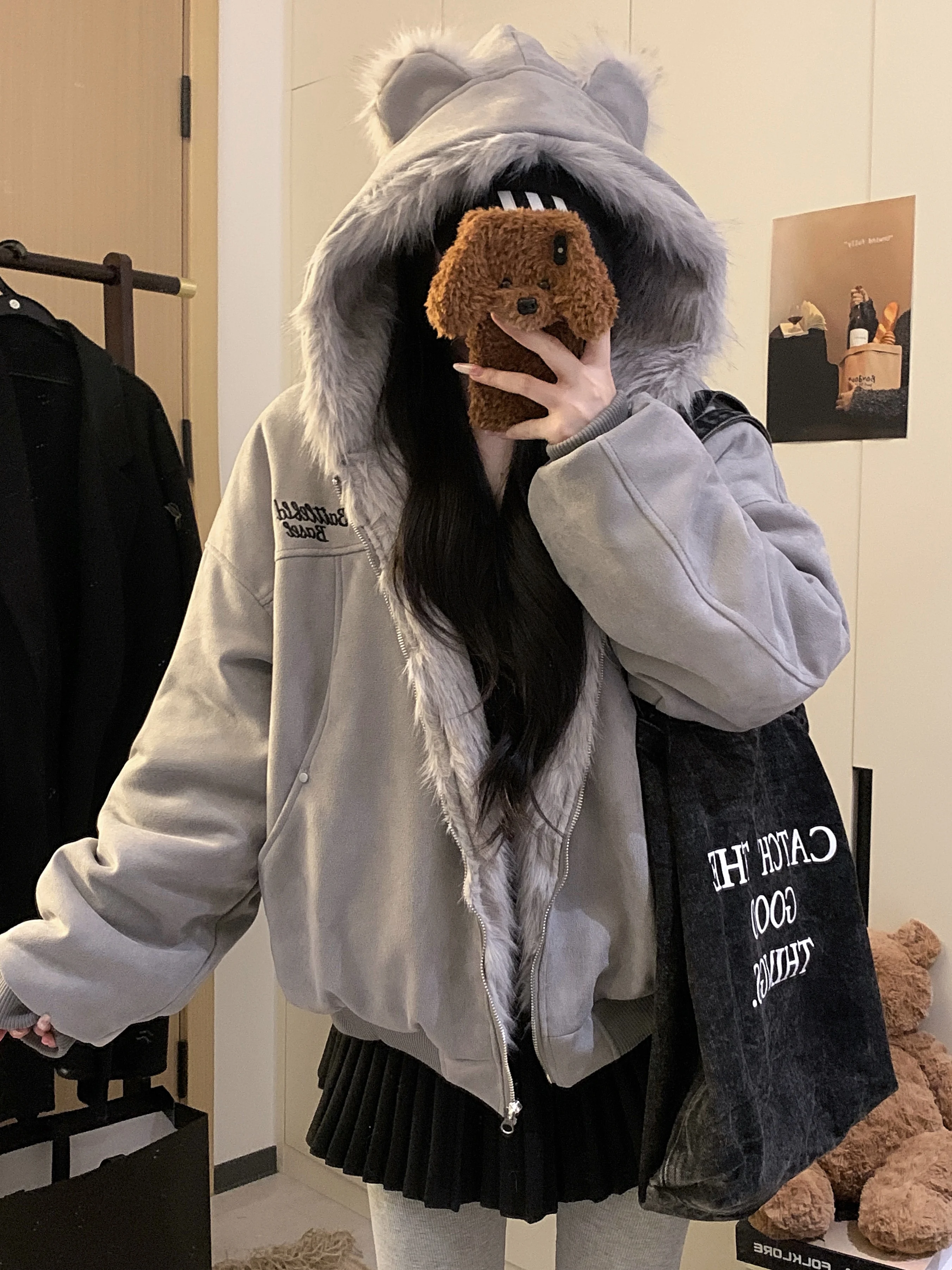 

American Vintage Fur Collar Rabbit Ears Hooded Jacket Coat Women Y2K Streetwear Winter Velvet Warm Harajuku Loose Casual Jacket
