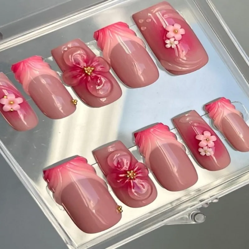 

Red Pink 3D Flowers Y2k Nails Press On Nails Medium Square Handmade Fake Nails White Flower Wearable Gradient French False Nails