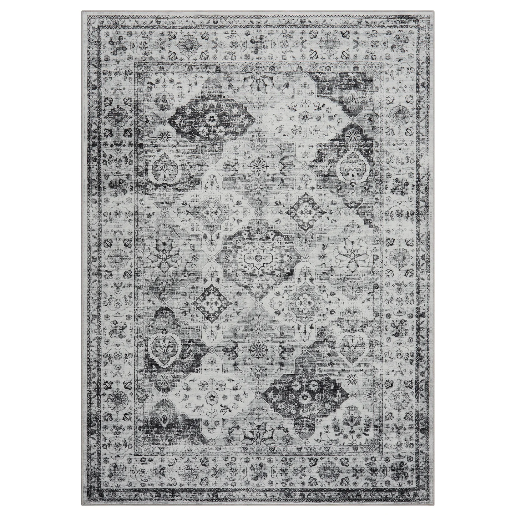 Vintage Washable Area Rug – Distressed Floral Print, Non-Slip Thin Collapsible Carpet for Living Room, Bedroom, Kitchen, Office – Vintage Accent Mat, Easy Care, Indoor Entryway – Gray & Beige, 5x7ft