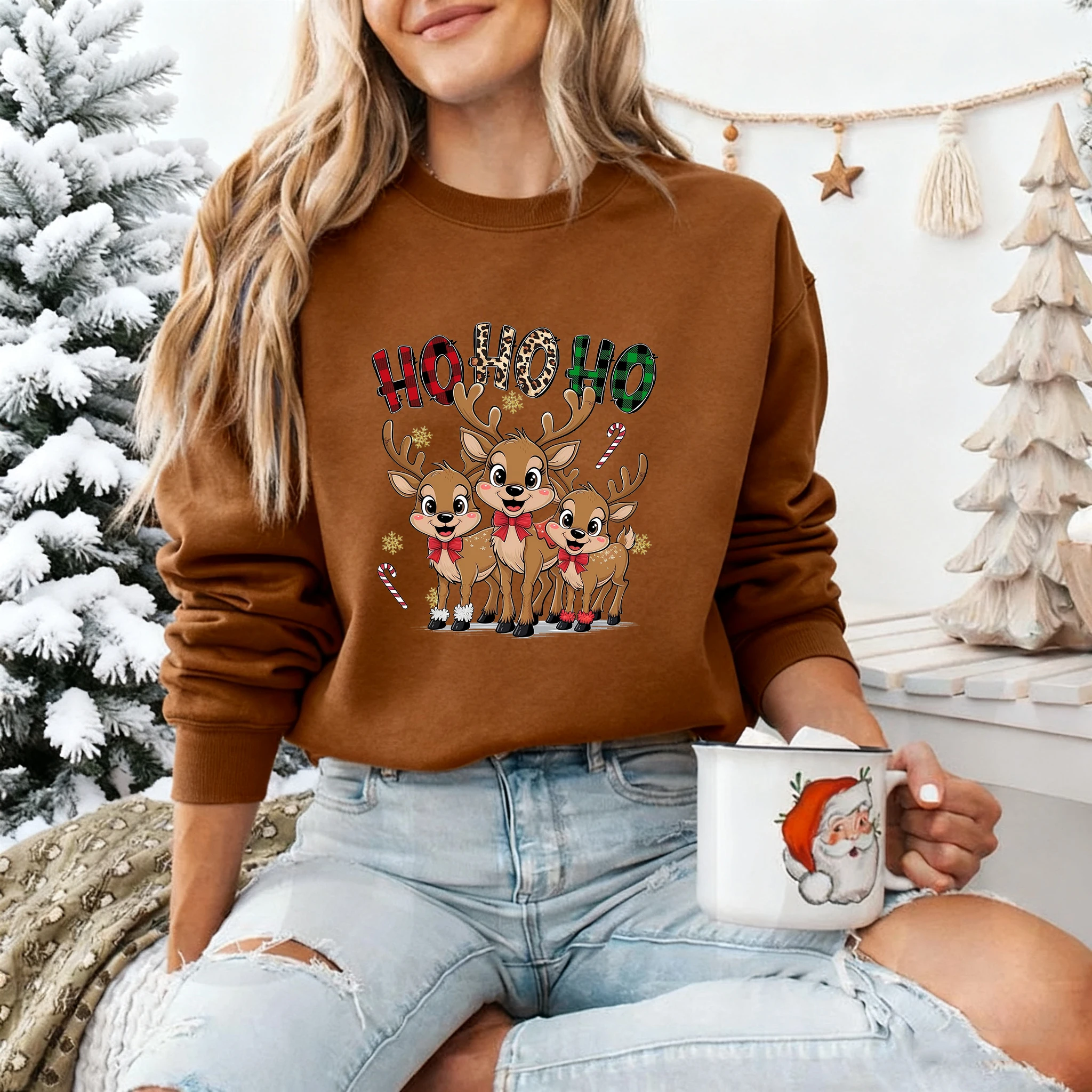 

Толстовка с рождественским принтом оленей, женский повседневный рождественский топ с длинными рукавами и круглым вырезом