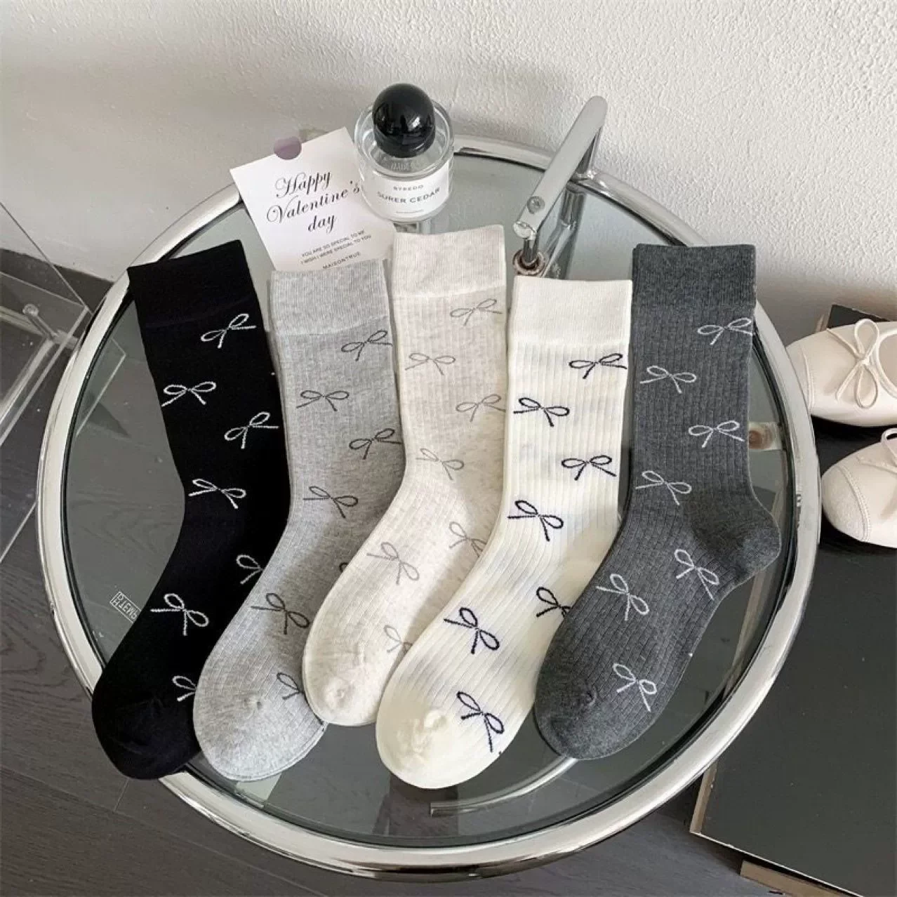 Exquisitely printed bow Japanese women's socks, spring and autumn style American college style socks, pure cotton