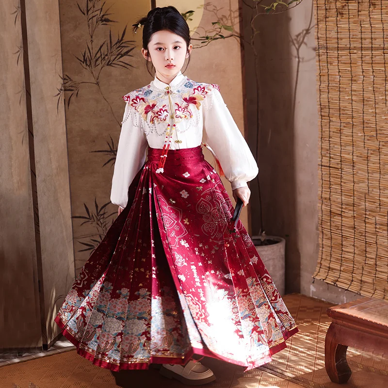 2026 Girls' Autumn Hanfu Set New Children's Chinese Horse Face Skirt Top Set Girls' Ancient Costume New Year's Clothing LI800