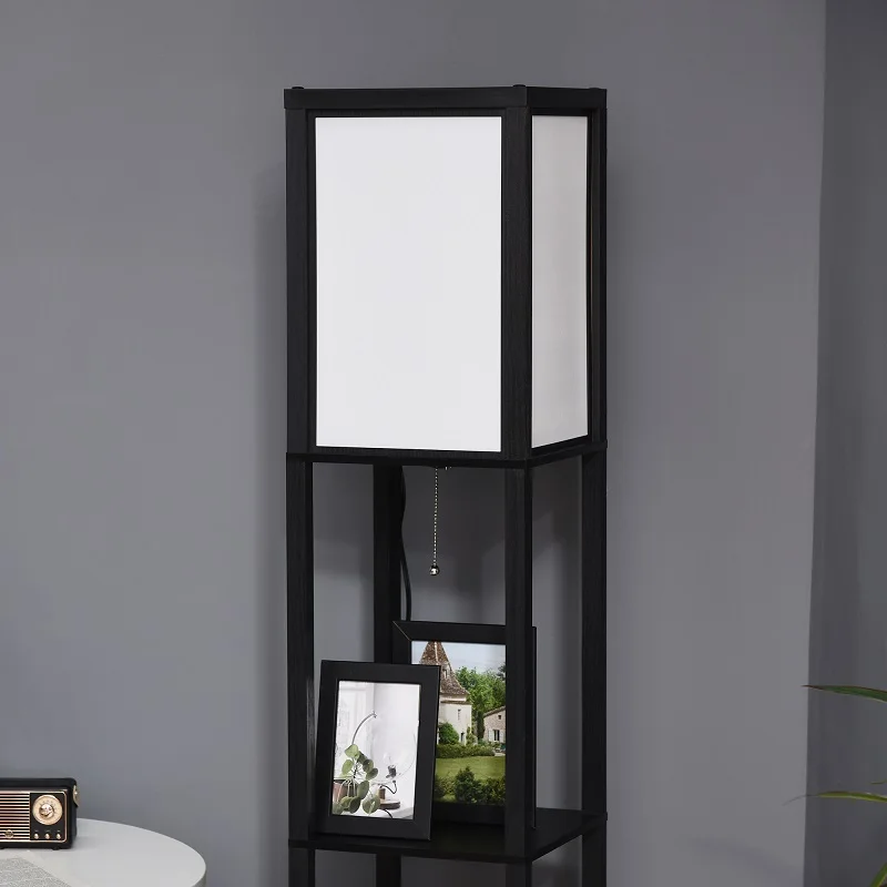 Modern Floor Light with Shelving and Dual Ambient Lighting Tall Standing Living Room Light Bedroom with Cloth Lampshade