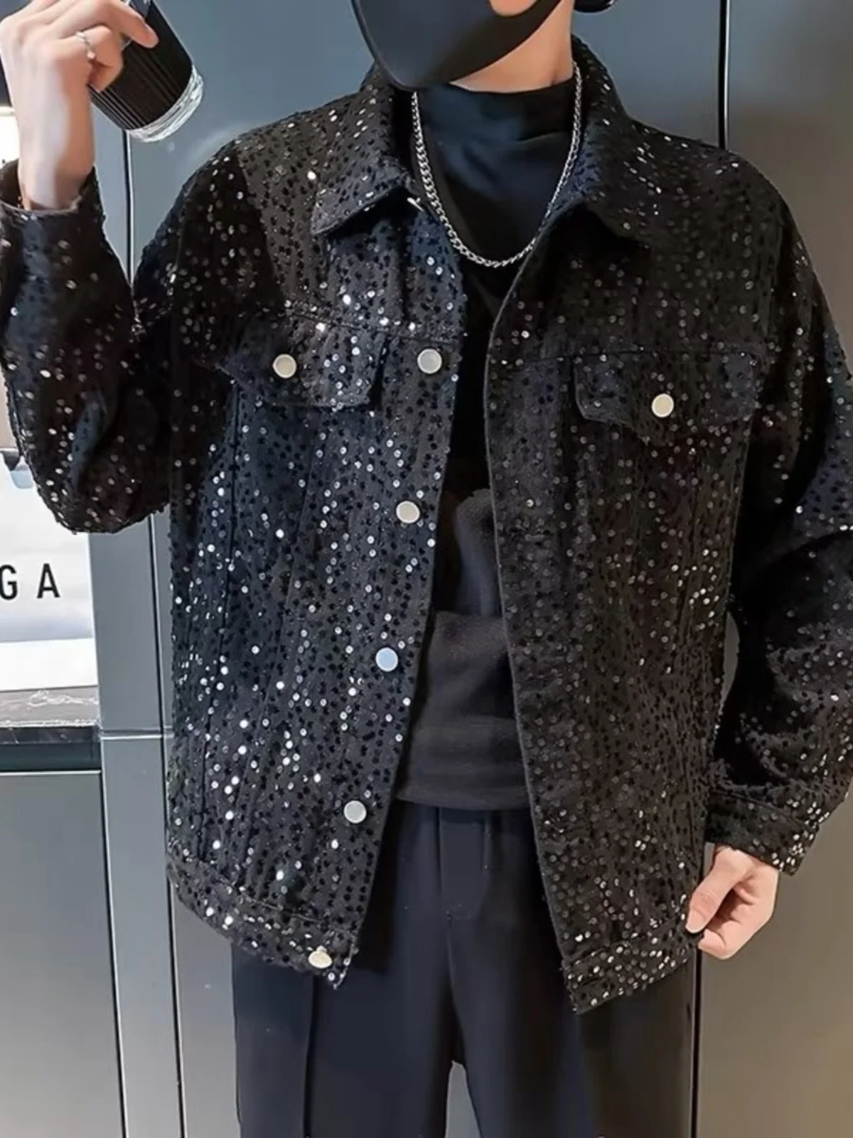 Fashion New Sequined Denim Coat Men Women Youth Popularity Trendy High-End Embroidery Personality Long Sleeve Denim Jackets