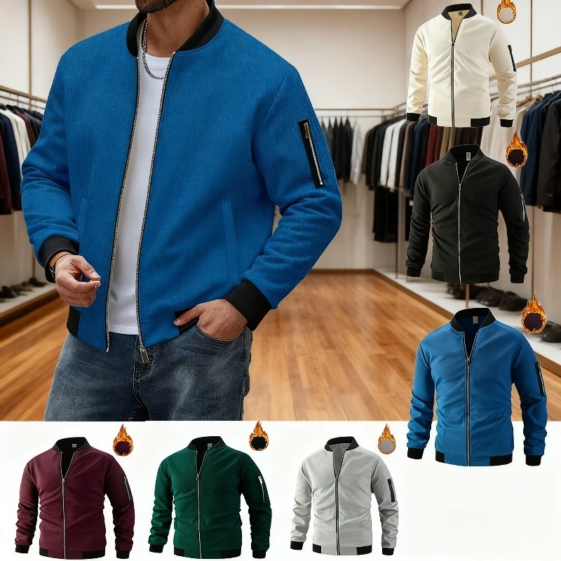 

Men's Waffle Knit Jacket Winter 2025, Heavyweight Thermal Stand Collar Zip Up Coat, Solid Color Casual Outerwear with Pockets