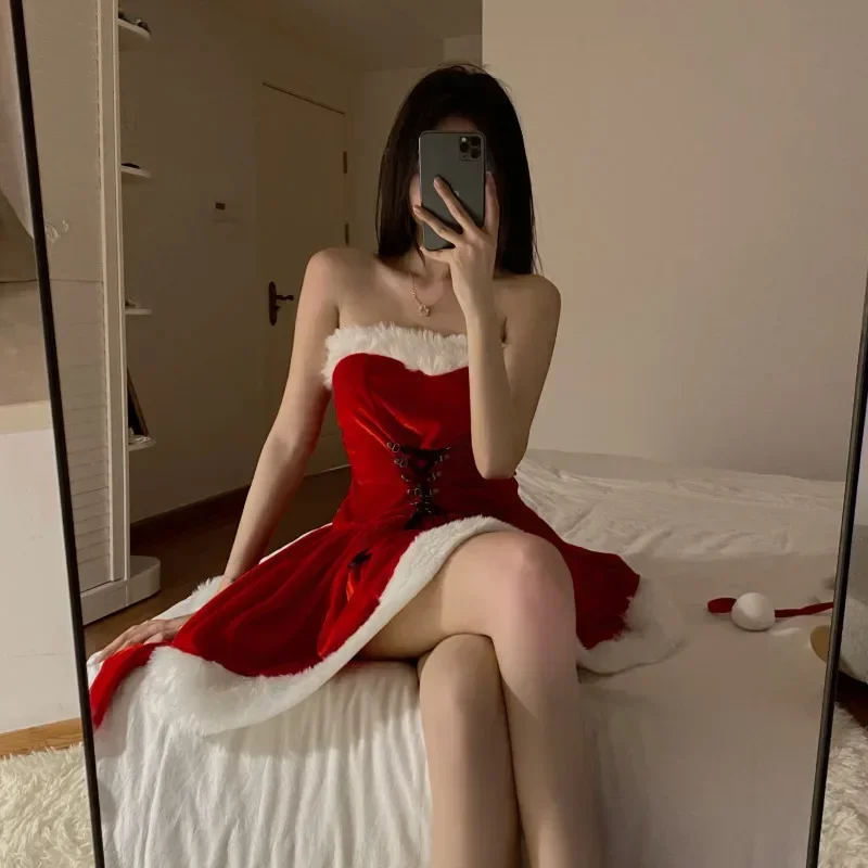 Red New Year Strapless Bandage A-line Dress Women Sexy Christmas Nightdress with Hat Xmas Santa Claus Role Play Underwear Outfit