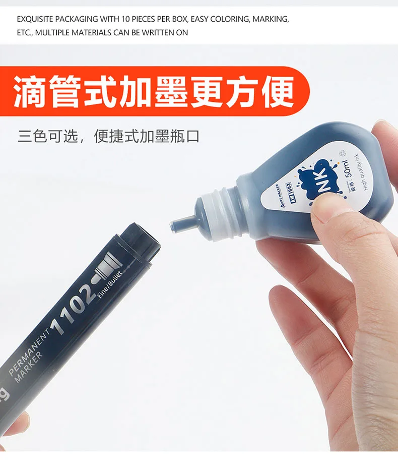 1 Box 50 ml Permanentmarker-Tinte, ölig, schnell trocknend, wasserfest und lichtbeständig, nicht löschbare Marker-Tintennachfüllung, Rot, Blau, Schwarz – Detail 7