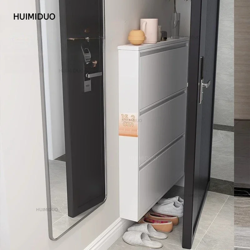 Slim Steel Shoe Rack with Flip Door, Multi-Layer Entryway Storage Cabinet, Compact Wall-Mounted Shoe Shelf for Small Spaces