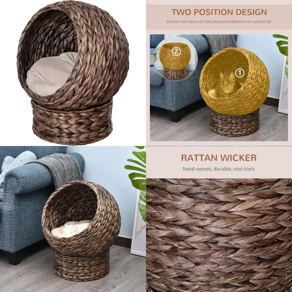 

Elevated Wicker Cat Bed with Soft Cushion, Egg Chair Shaped Basket Kitty House, Raised Pet Furniture for Cats