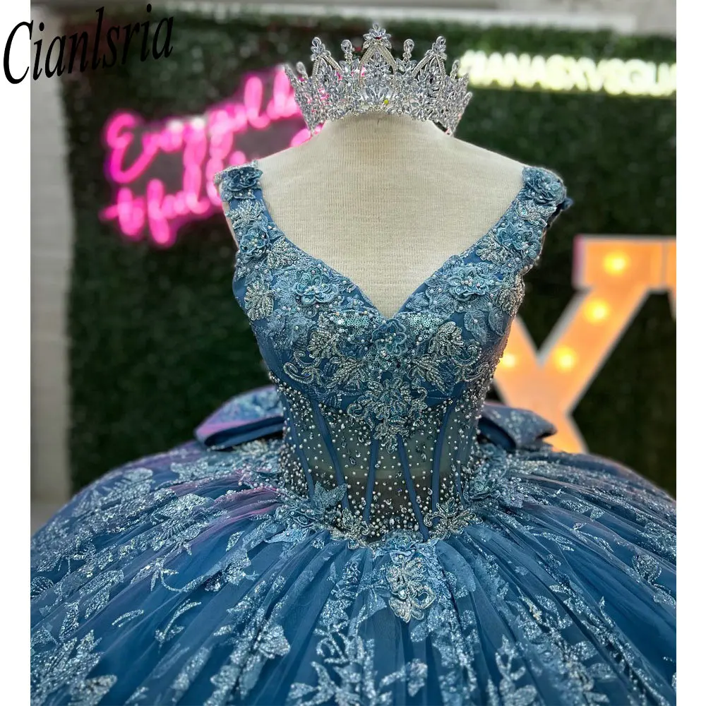 Perle blu Perline Fiocco Abiti stile Quinceanera Abito da ballo Glitter Cristallo Paillettes Corsetto personalizzato Abiti XV Anos