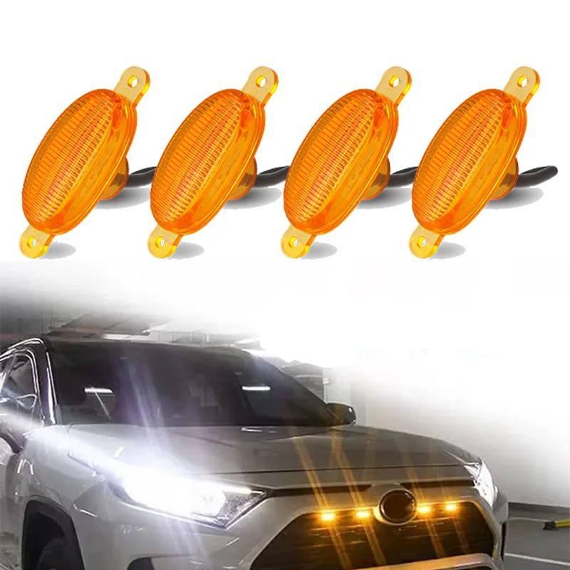 

12-24v Universal Car Front LED Grille Light Smoked Amber White 4LED Grill Light Eagle Eye Lamp for OffRoad Trunk SUV Ford Toyota