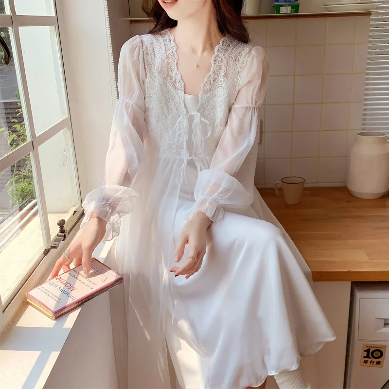 Das Women Vintage Victorian Gown e Robe Sets, Sweet Fairy White Mesh Night Dress, Sexy Sleepwear, Nightwear Pijamas, Autumn