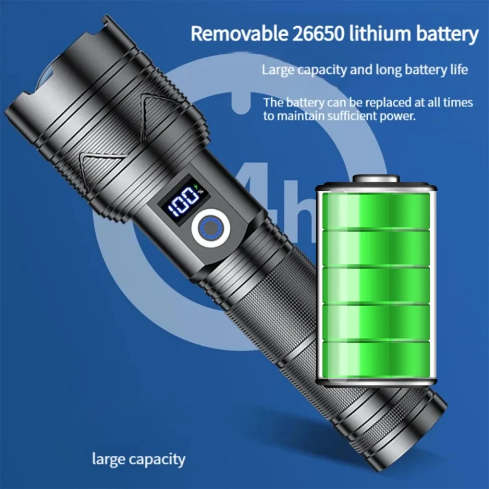 High Power LED Flashlight Type-C USB Rechargeable Long Range Tactical Flashlight Bright Light Outdoor Super Powerful Flashlight