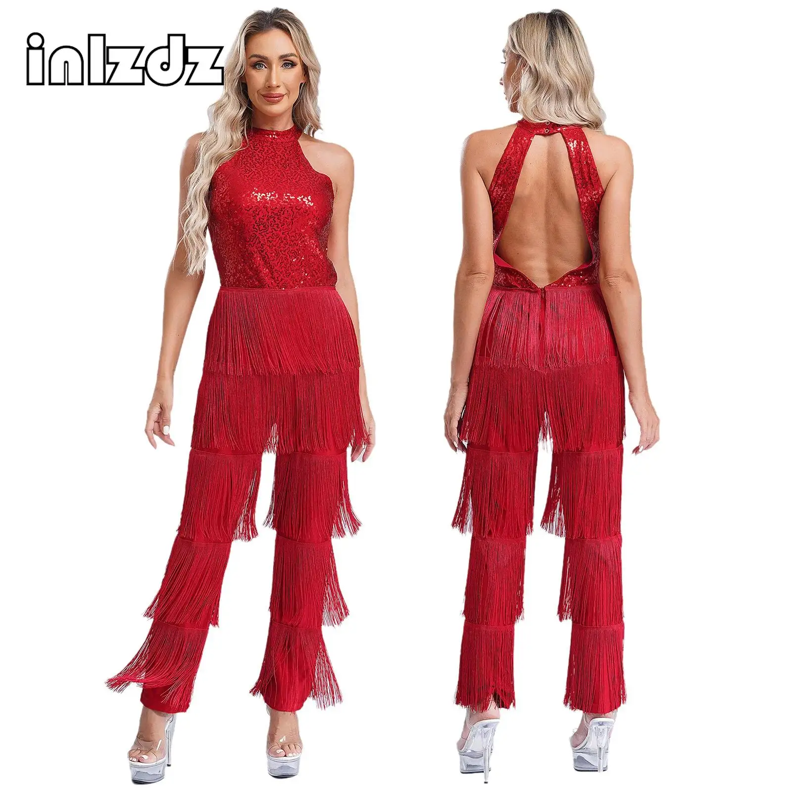 

Women Latin Dance Performance Costume New Fringed Trousers Full Bodysuit Jumpsuit Ballroom Tassel Tango Cha-Cha Samba Clothes