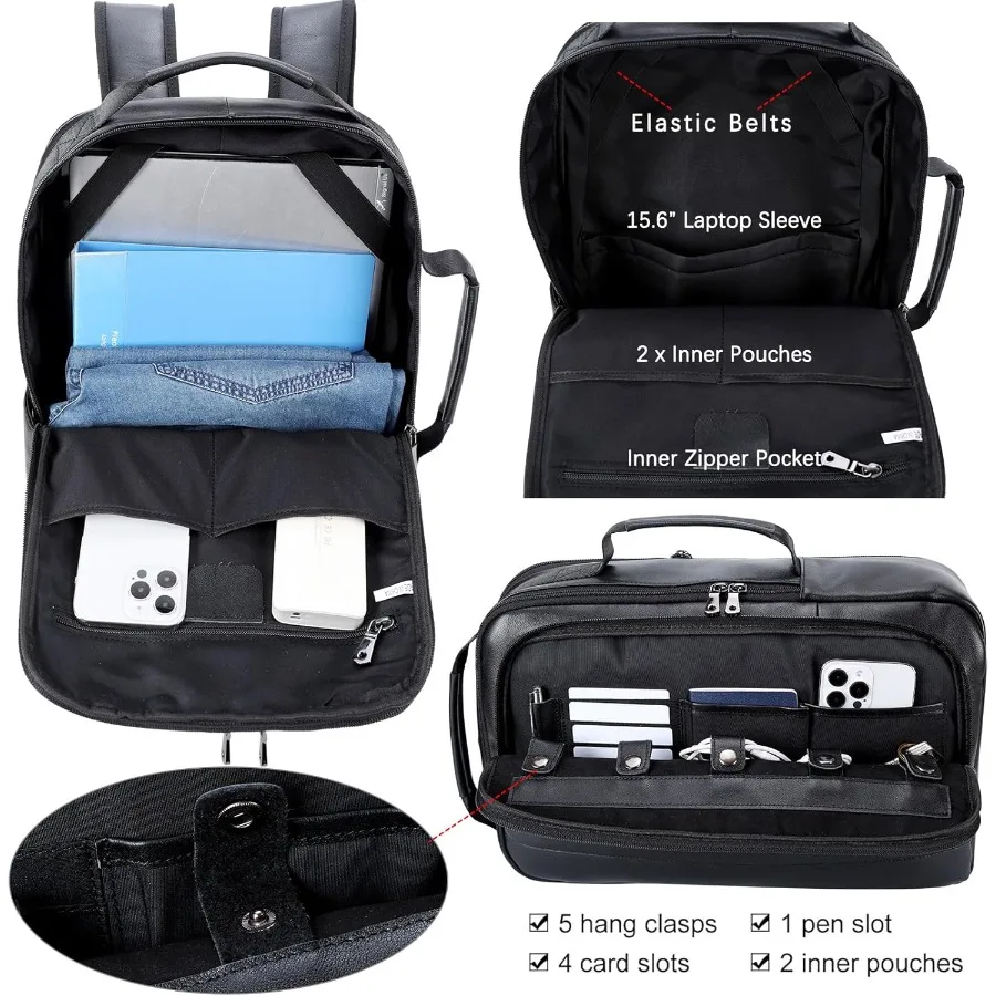 Masa Kawa حقيبة ظهر للكمبيوتر المحمول مقاس 15.6 بوصة من الجلد للرجال حقيبة ظهر قابلة للتحويل حقيبة عمل سوداء قابلة للتوسيع حقيبة عمل رفيعة Tr #5