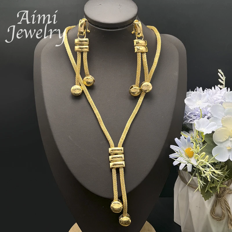 Dubai 24K Gold Plated Jewelry Set for Women Chain Beads Decor Necklace Earrings Bracelet Italian Fashion Wedding Party Gifts