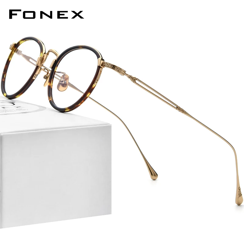 

FONEX Acetate Titanium Glasses Men Vintage Round Eyeglasses Women Spectacles Eyewear E-046