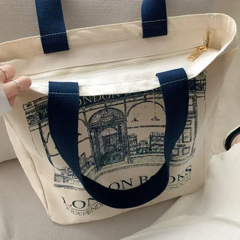 Women Canvas Shoulder Bag London Books Print Ladies Casual Handbag Tote  Reusable Large Capacity LWE2-V