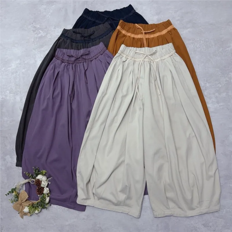Johnature New Color-block Waist-tie Five-color Wide-leg Lantern Pants Loose Casual Cotton Women Pants