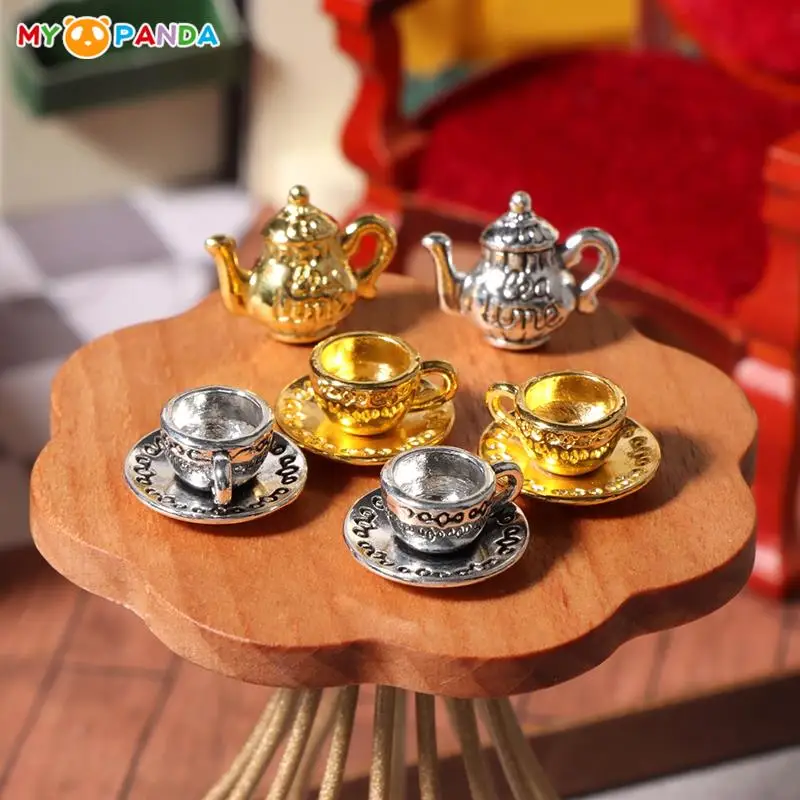 1Set 1:12 Dollhouse Miniature Metal Teapot Cup With Saucer Mini Tea Set Kitchen Tableware Decor Toy Model Doll House Accessories